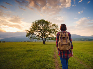 Asian traveler woman walk on the dirty road with sunshine and oak tree. In a plaid shirt and with a backpack. The end and the idea of adventure, travel, and discovery