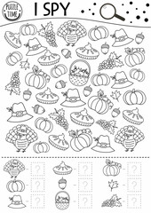 Thanksgiving black and white I spy game for kids. Searching and counting activity or coloring page with turkey, pumpkin. Funny autumn printable worksheet for kids. Simple fall line puzzle..