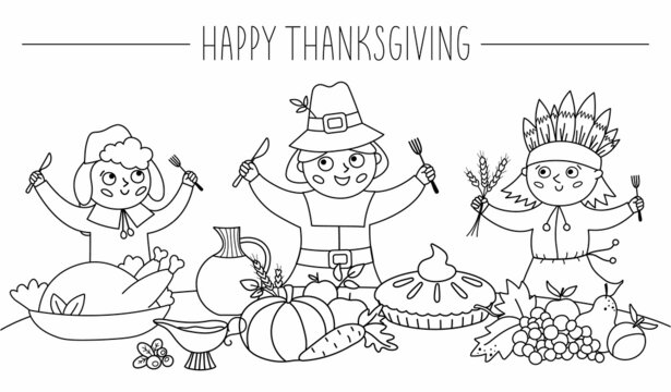 Happy black and white pilgrims and native American Indian give thanks for the food. Thanksgiving Day line characters and traditional holiday meal illustration. Vector outline autumn table scene.