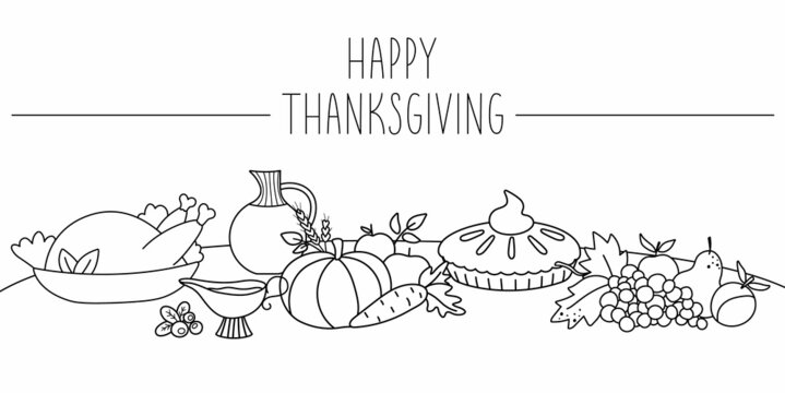 Vector black and white scene with traditional Thanksgiving or Christmas desserts and dishes on a table. Autumn line holiday festive meal illustration. Fall food collection with turkey, pumpkin pie.