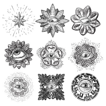 Set of various drawings of the All Seeing Eye in different directions and emotions. The symbol of the Masons as an option design element. Human vision. Vector.