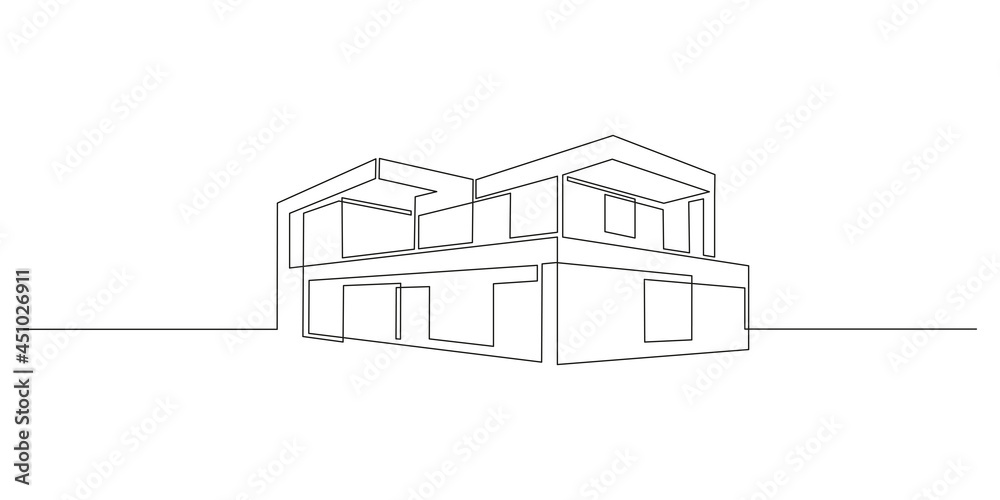 Poster one continuous line drawing of modern house with minimalist architecture. fashionable two story vill