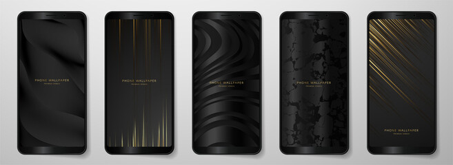 Phone wallpaper (Smartphone background). Digital black graphic art design with dark, gold line pattern. Abstract vector backdrop useful for premium online shop, web banner template, formal e-invite