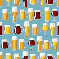 Oktoberfest background. Beer mugs seamless pattern, vector illustration.  Texture for fabric, wrapping, wallpaper. Decorative print.