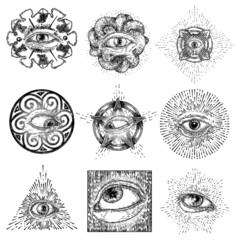 Set of All Seeing Eye symbols elements variation. Alchemy, religion, spirituality and occultism tattoo ink art. Vision of providence and conspiracy theory. Hand drawing in flash tattoo artwork. Vector - 451027789
