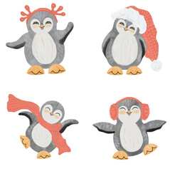 Set of baby penguins in winter outfit isolated on white background, raster