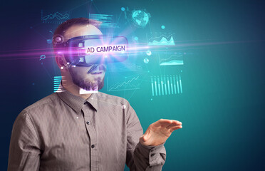 Businessman looking through Virtual Reality glasses