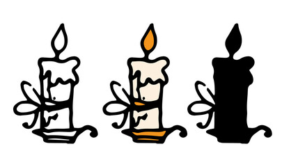 A vector candle is lit in a candlestick. a painted set in the doodle style is a wax candle with a bow, with an orange fire on a candlestick with a handle. isolated silhouette and contour, black on a w