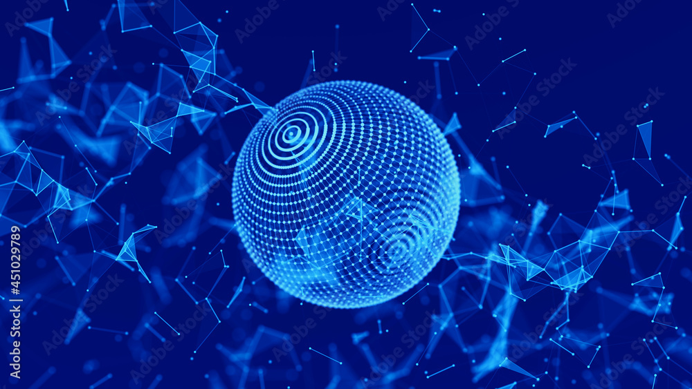 Poster abstract 3d sphere. mesh with points and lines on dark background. concept of network, internet comm