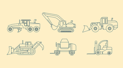 Industrial Vehicles elements collection. Bulldozer, excavator,  truck, tractor isolated set. Different factory machines in trendy outline design.