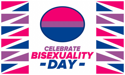 Celebrate Bisexuality Day. Bisexual Pride and Bi Visibility Day. Bisexual flag. Coming out. Celebrated annual in September 23. Festival and parade. Poster, card, banner, template, background. Vector