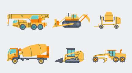 Industrial Vehicles elements collection. Bulldozer, excavator, truck, tractor isolated set. Different factory machines in trendy flat design.