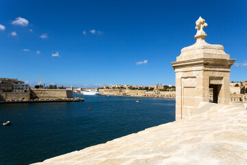 A view from Fort St Angelo in Birgu (Vittoriosa), Malta onto Grand Harbor. The opposite quay is used mainly by cruise liners, which regularly visit the Mediterranean island.