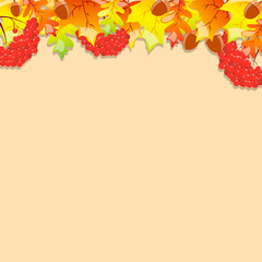 Autumn invitation card. background with maple and oak leaves acorn and berries for design of discount flyer or web banner,autumn frame