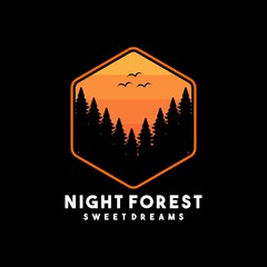 Night Forest background with tree and moon. Vector background. banner design. Paradise poster template illustration.