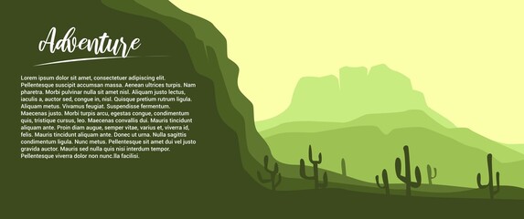 Mountain and HIlls landscape vector illustration with sun, text sample and cactus trees. Nature landscape vector illustration. Used for background, backdrop, desktop background. - obrazy, fototapety, plakaty