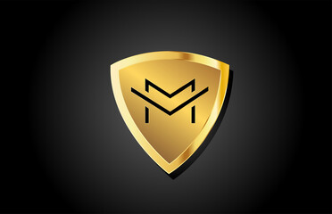 golden shield M luxury alphabet letter icon logo for business and company. Creative template design with gold metal badge