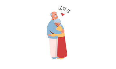 Portrait of a senior couple of old people. Grandparents hugs. Aged man and woman standing together. Colored flat illustration of retired gray-haired grandmother and grandfather.