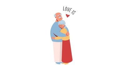 Portrait of a senior couple of old people. Grandparents hugs. Aged man and woman standing together. Colored flat illustration of retired gray-haired grandmother and grandfather.