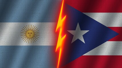 Puerto Rico and Argentina Flags Together, Wavy Fabric Texture Effect, Neon Glow Effect, Shining Thunder Icon, Crisis Concept, 3D Illustration