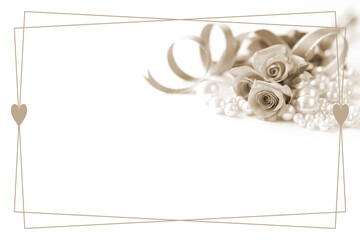 バラの花束と真珠とリボンのハート・フレーム （セピア）