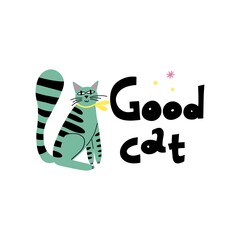 Cartoon cat. Hand drawn funny pet and lettering, yellow playful good kitten, domestic animals, sticker collection. Card, t-shirt or poster design, vector isolated illustration