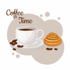 Cup of coffee and kanelbulle. Coffee time concept. Isolated hand drawn vector illustration of cute breakfast food. 
