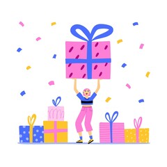 Woman hold huge gift. Dancing on party. Happy girl with colorful confetti and presents, fun festival people on birthday, colored person on dance floor, vector cartoon isolated illustration