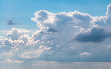 Clouds blue sky with morphing clouds moving at summer sunny day. Sky cloudscape. Nature, clean of birds, bugs, and dust.