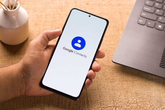 Assam, india - May 29, 2021 : Google Contacts logo on phone screen stock image.