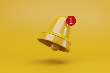 Notification 3D icon. yellow bell on yellow background. 3D Model rendering