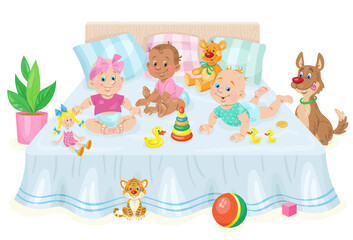 Three funny little kids with toys on a big bed. In cartoon style. Isolated on white background. Vector illustration.