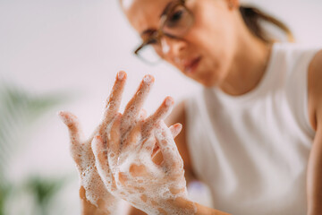 Obsessive compulsive disorder concept. Woman Obsessively Washing her Hands. - obrazy, fototapety, plakaty