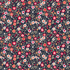 Vintage seamless floral pattern. Ditsy style background of small pastel colorful flowers. Small blooming flowers scattered over a dark background. Stock vector for printing on surfaces and web design