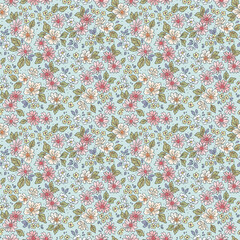 Vintage seamless floral pattern. Liberty style background of small pink flowers. Small blooming flowers scattered over a blue background. Stock vector for printing on surfaces and web design.