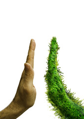 two hands palm open touching each other, one normal the other green