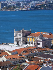 Aerial view of Arco da Rua Augusta at Praca do Comercio in Lisbon in Portugal with Tagus river