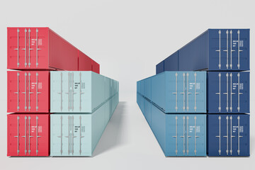 Perspective view of row containers color red blue on white background. 3D illustration Rendering.