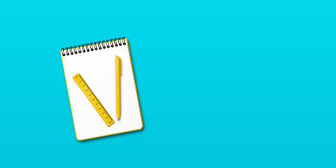Opened yellow notebook and yellow ball-point pen and ruler, turquoise blue background with copy space for your image or text. Minimalist  vector illustration as back to school. Top view, flat lay.