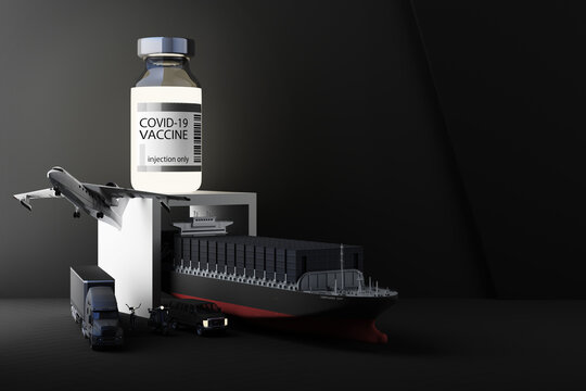 Concept for the worldwide delivery of COVID-19 coronavirus vaccine by truck scooter plane and van, The liquid in the glass bottle glowed in the dark.  3d rendering