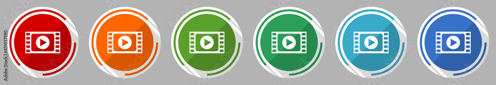 Poster video icon set, vector illustration in 6 colors options for webdesign and mobile applications, flat 
