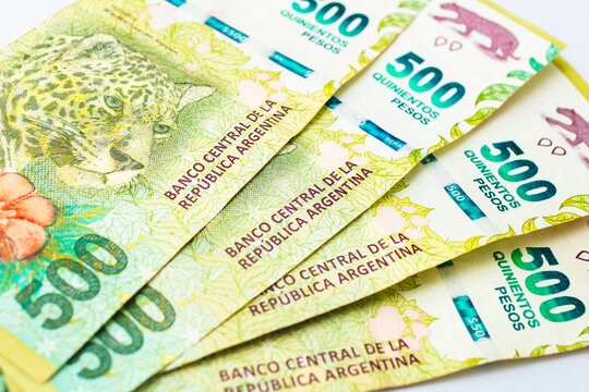 Money, Argentine Peso - ARS. Argentine money banknotes isolated on white in closeup photography. 500 pesos.

