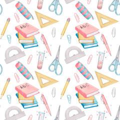 A pattern with school supplies: textbooks, rulers, pens. pencils, scissors, etc. The image is drawn by hand and isolated on a white background. Watercolour.