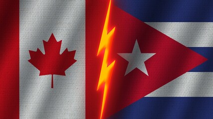 Cuba and Canada Flags Together, Wavy Fabric Texture Effect, Neon Glow Effect, Shining Thunder Icon, Crisis Concept, 3D Illustration