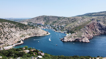 Fototapeta na wymiar View of the Balaklava Harbor in Crimea, Sevastopol, Crimean Peninsula