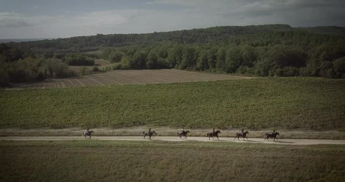 Cavaliers sur de chevaux au galop dans le sud de la France en vue a&eacute;rienne