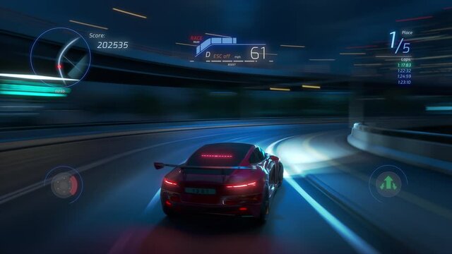 Gameplay of a Racing Simulator Video Game with Interface. Computer Generated 3D Car Driving Fast and Drifting on a Night Hignway in a Modern City. VFX Animation. Third-Person View.