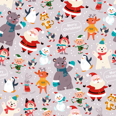 Seamless pattern with funny polar bear, penguin, deer, fox, snowman, Santa Claus, elf characters in hats. For Christmas cards, invitations, packaging paper etc. Vector flat cartoon illustration.