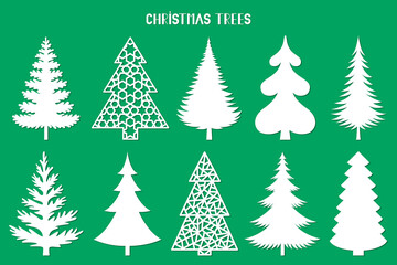 Obraz premium Christmas tree silhouette. Vector set template for laser, paper cutting. Decorative ornate illustration. Trees for cards, flyers, print. Modern design for winter holidays. Home decoration.