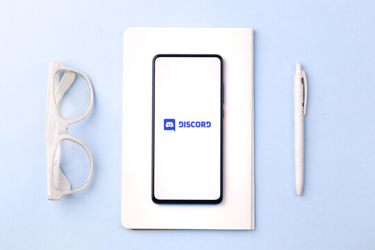 Assam, india - April 10, 2021 : Discord logo on phone screen stock image.